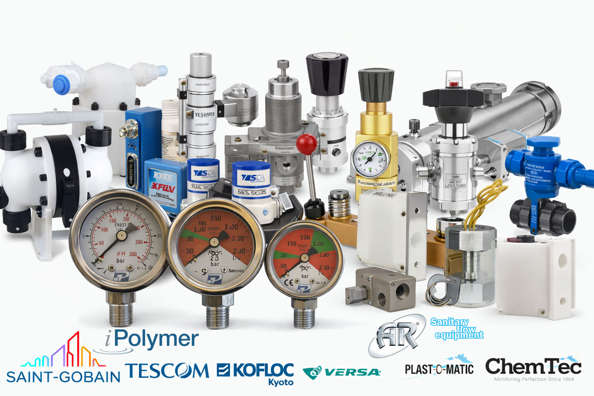 Composite header image showing industrial valves, pressure regulators, flow meters and fluid handling components from Saint-Gobain, TESCOM, KOFLOC, VERSA, Plast-O-Matic, iPolymer and ChemTec
